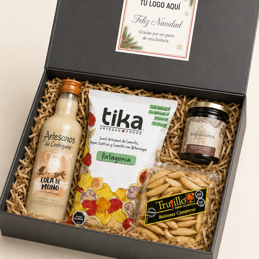 Caja Tradición y Sabor con Cola de Mono Artesanos, Mermelada Frutos de la Patagonia, Bastones Camperos Trujillo y Snack Tika Patagonia.