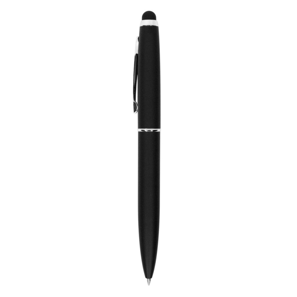 Bolígrafo ejecutivo modelo Sabines de cuerpo engomado soft touch negro con puntera para pantallas y detalles plateados en caja de regalo