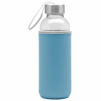 Botella de vidrio transparente modelo Elisa de 440ml con funda de neopreno protectora y tapa de acero inoxidable para obsequios corporativos
