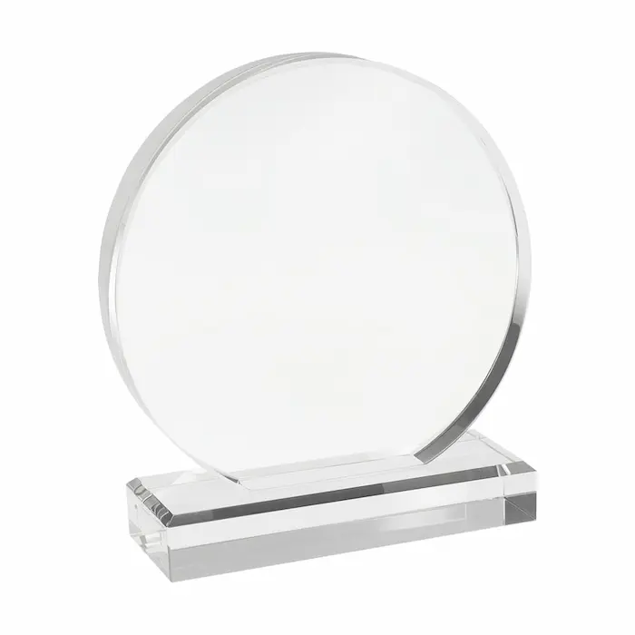 Galvano de cristal transparente con base sólida de 14.5 cm presentado en caja negra para reconocimientos y merchandising corporativo