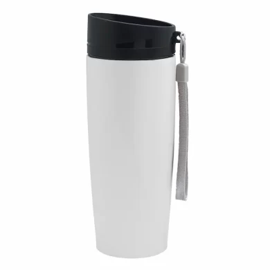 Mug térmico de acero inoxidable 350ml con correa de transporte, base antideslizante y tapa con botón pulsador
