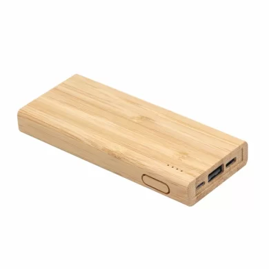 Cargador portátil Power Bank de 5000 mAh con carcasa de bambú natural, indicadores LED y caja de regalo kraft para obsequios corporativos