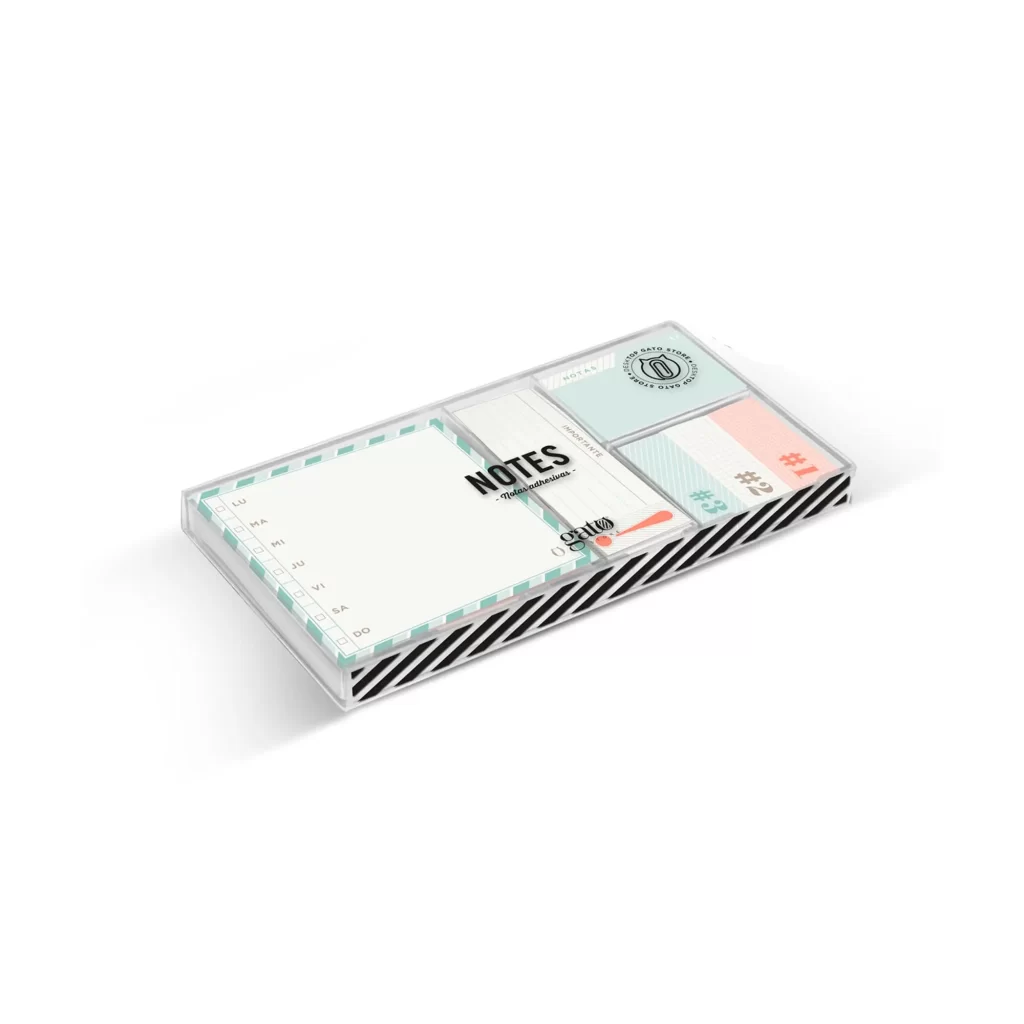 Set de notas adhesivas de escritorio modelo Giono con 6 tamaños diferentes y papel de alto gramaje en caja de regalo