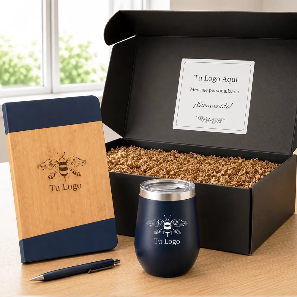 Welcome pack corporativo con mug libreta y bolígrafo personalizado con logo empresa