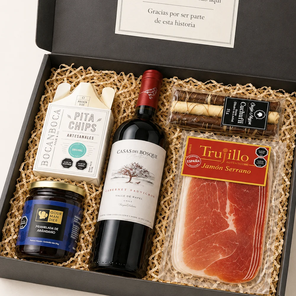 Caja Gourmet El Guatón Loyola con vino Carménère Casas del Bosque, jamón serrano, mermelada de arándano, Pitachips y cuchuflíes.