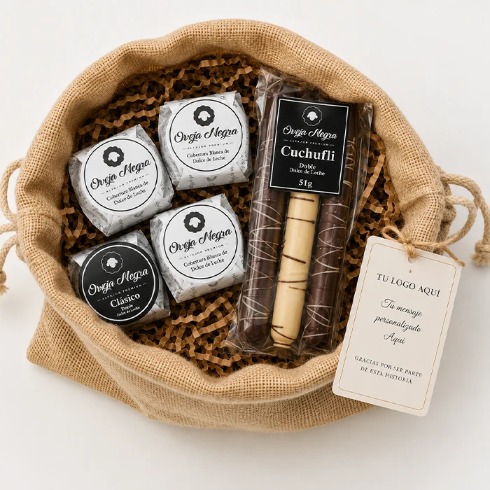 Saquito de regalo corporativo Encanto Chileno con surtido de alfajores de manjar y cuchuflís artesanales.
