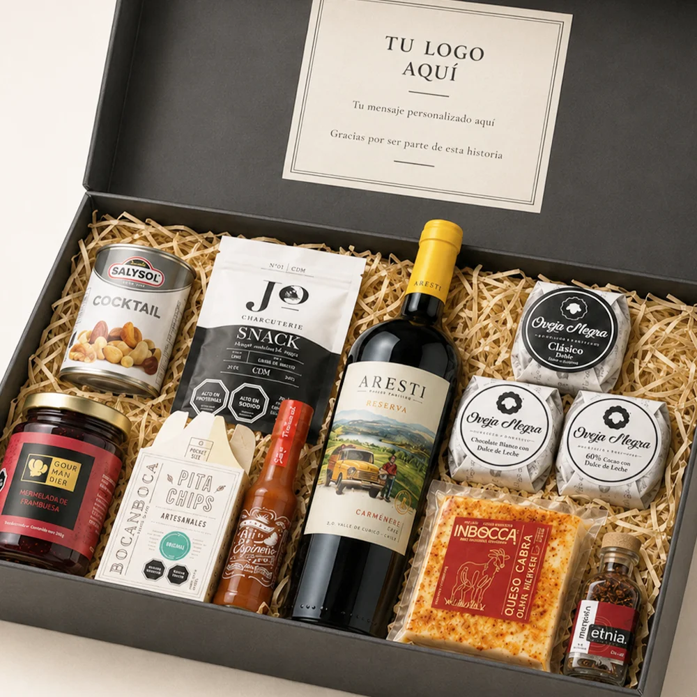 Caja La Chilenidad con vino Aresti, queso de cabra, charqui Wagyu, productos gourmet chilenos y alfajores Oveja Negra.