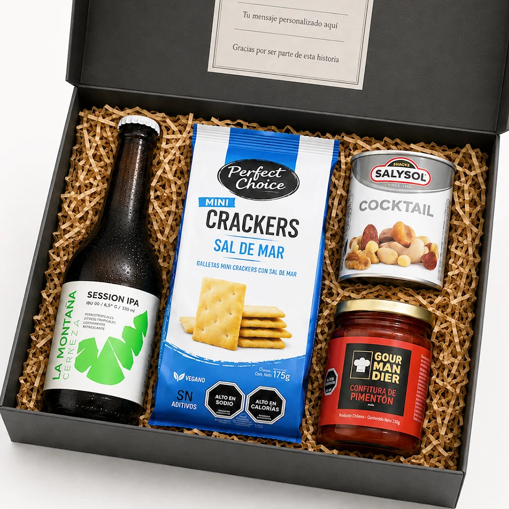 Caja Brindis IPA con cerveza La Montaña, crackers de sal de mar, confitura de pimentón y Minibar Cocktail Rosselot.