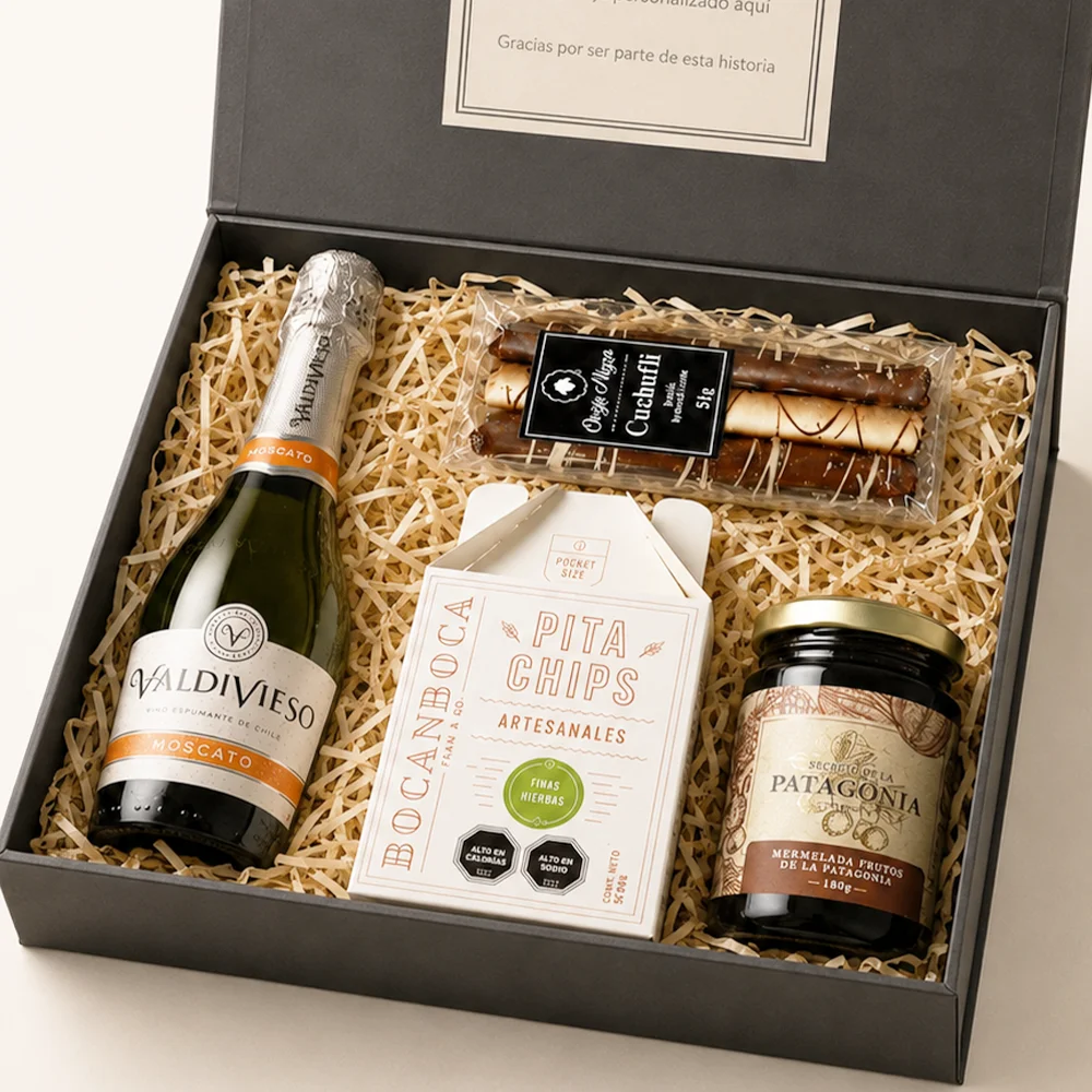 Caja La Patagonia con Espumante Valdivieso Moscato, mermelada de frutos patagónicos, Pitachips Finas Hierbas y cuchuflíes Oveja Negra.