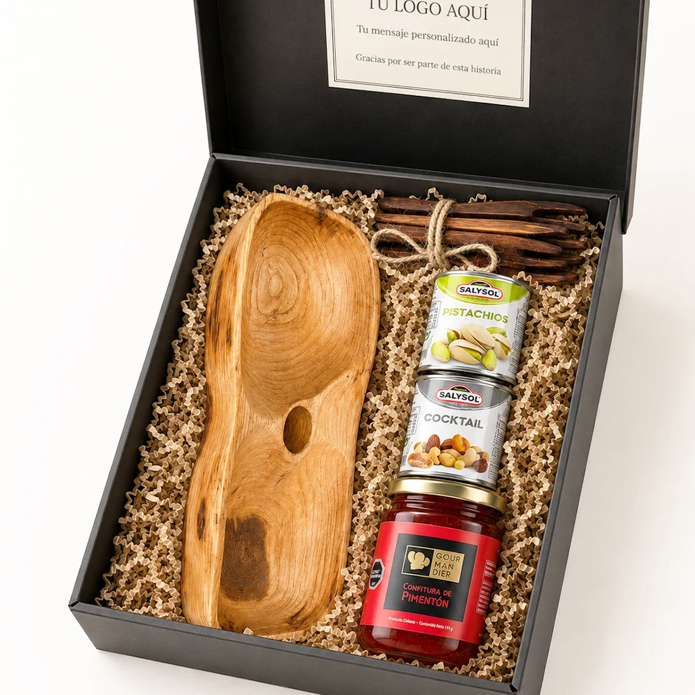 Caja Picoteo Compartido con fuente de madera Egon de dos divisiones, Minibar Cocktail, pistachos y Confitura de Pimentón.