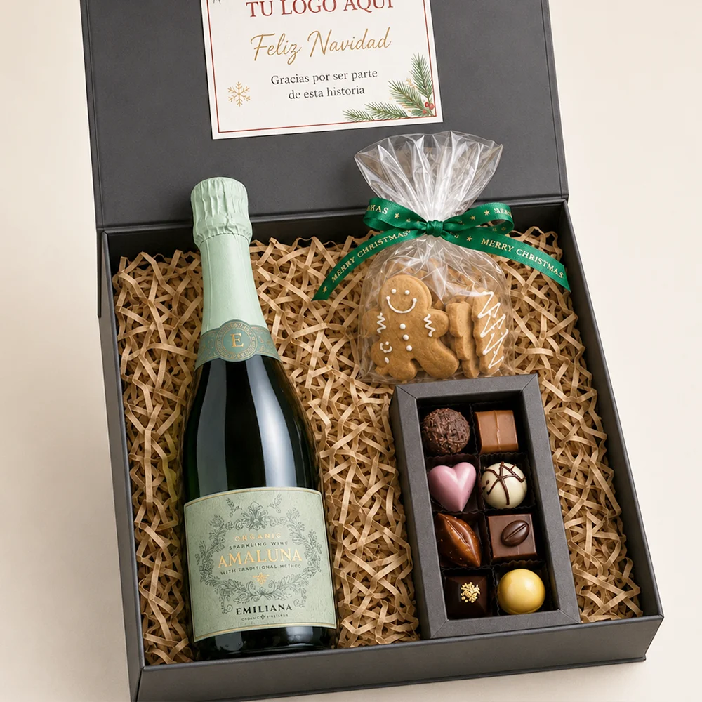 Caja de regalo corporativo Recuerdos de Navidad con espumante orgánico Amaluna, galletas artesanales y bombones.
