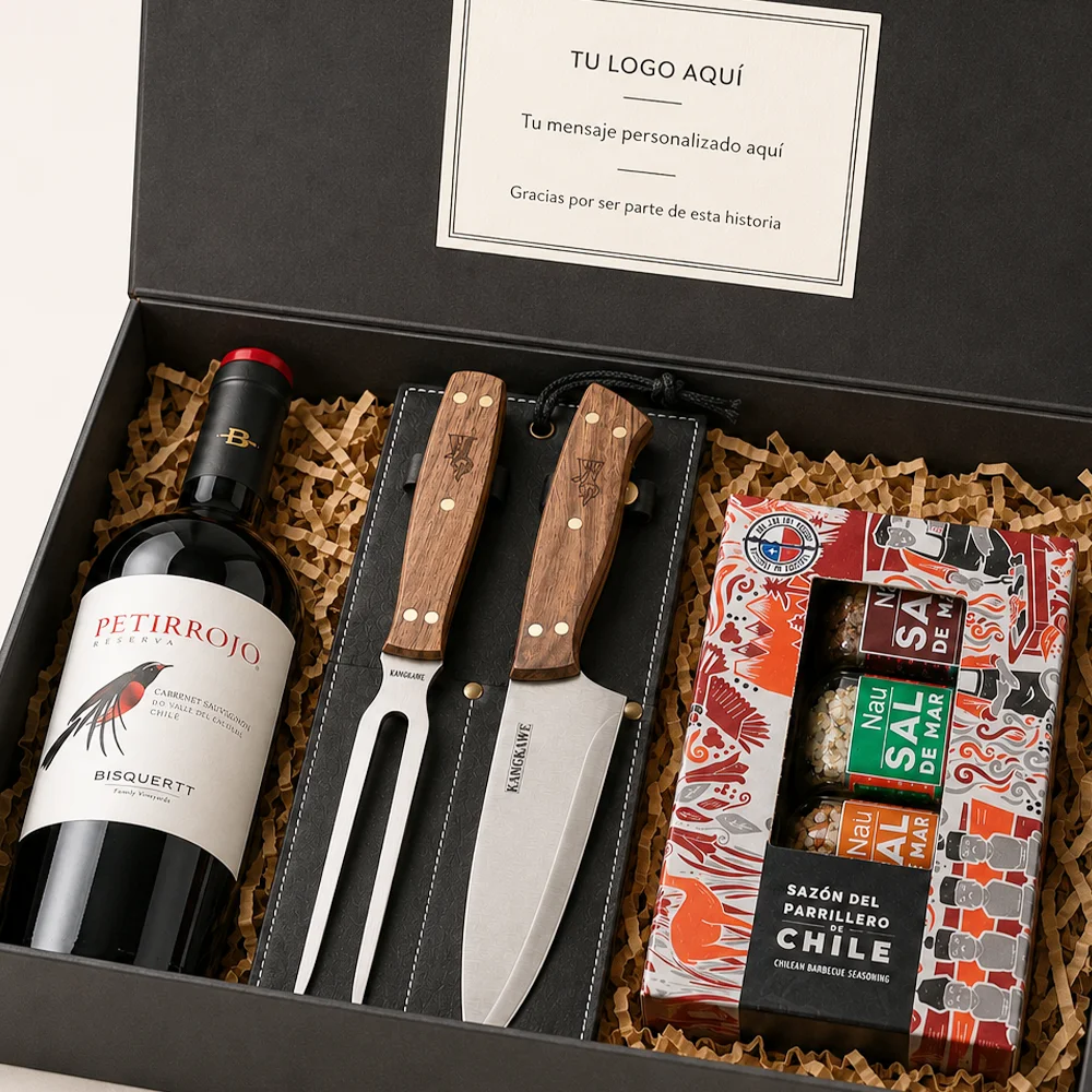 Caja Santiago Querido con vino Petit Rojo Undurraga, set parrillero Kangkawe en funda de cuero café y cuatro Sales de Chile.