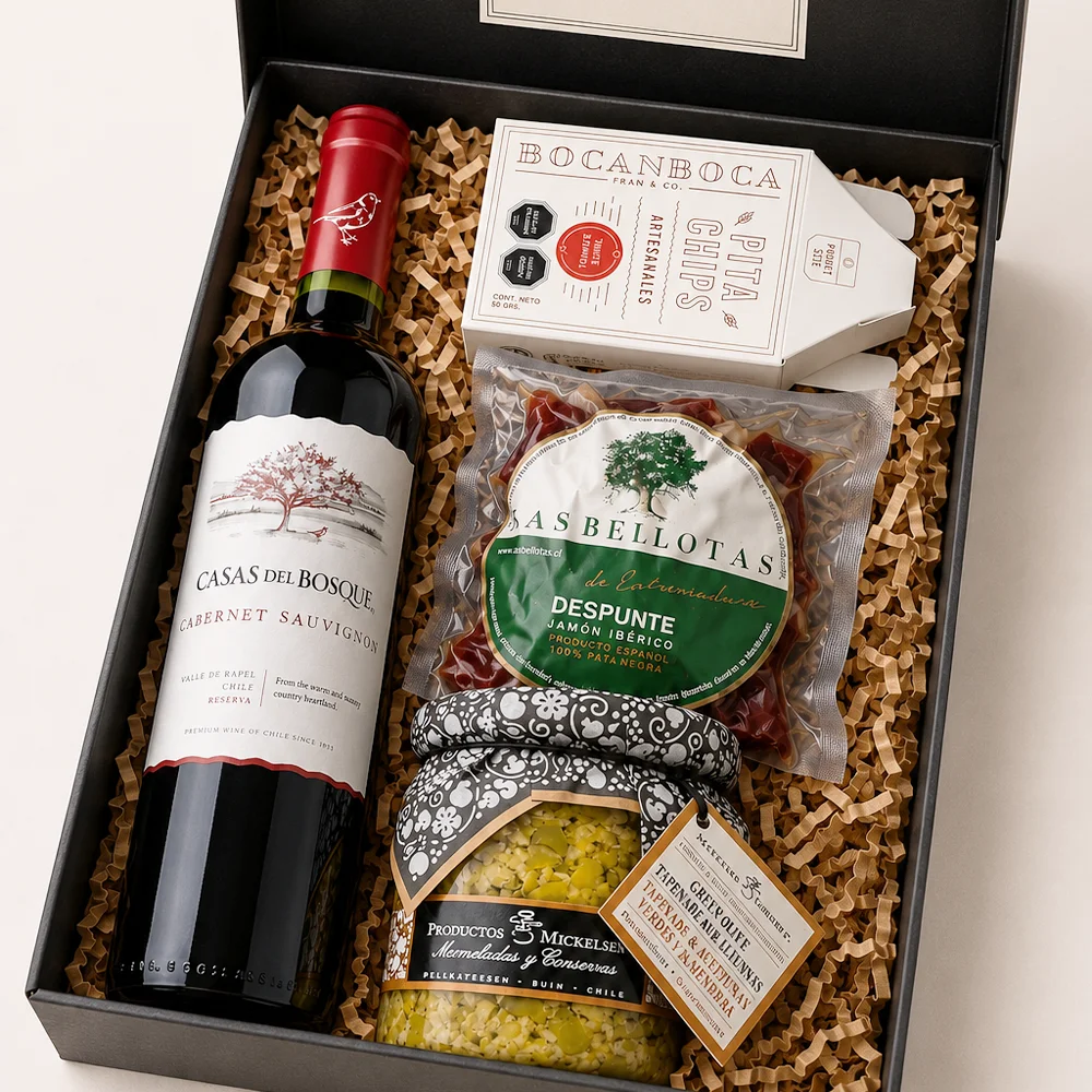 Caja Selecta Carménère con vino Casas del Bosque, Despunte Ibérico, tapenade de aceitunas verdes con almendras y Pitachips.