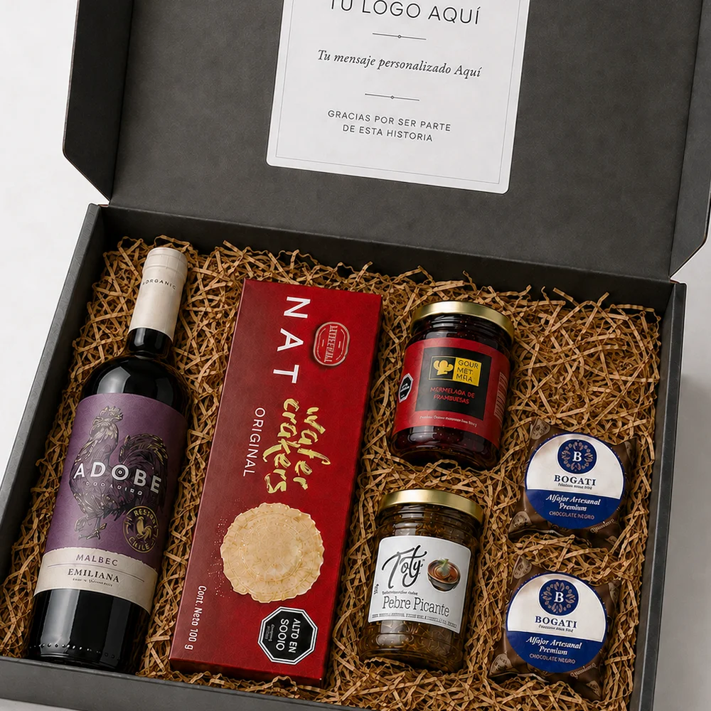 Caja gourmet corporativa con vino chileno para Fiestas Patrias