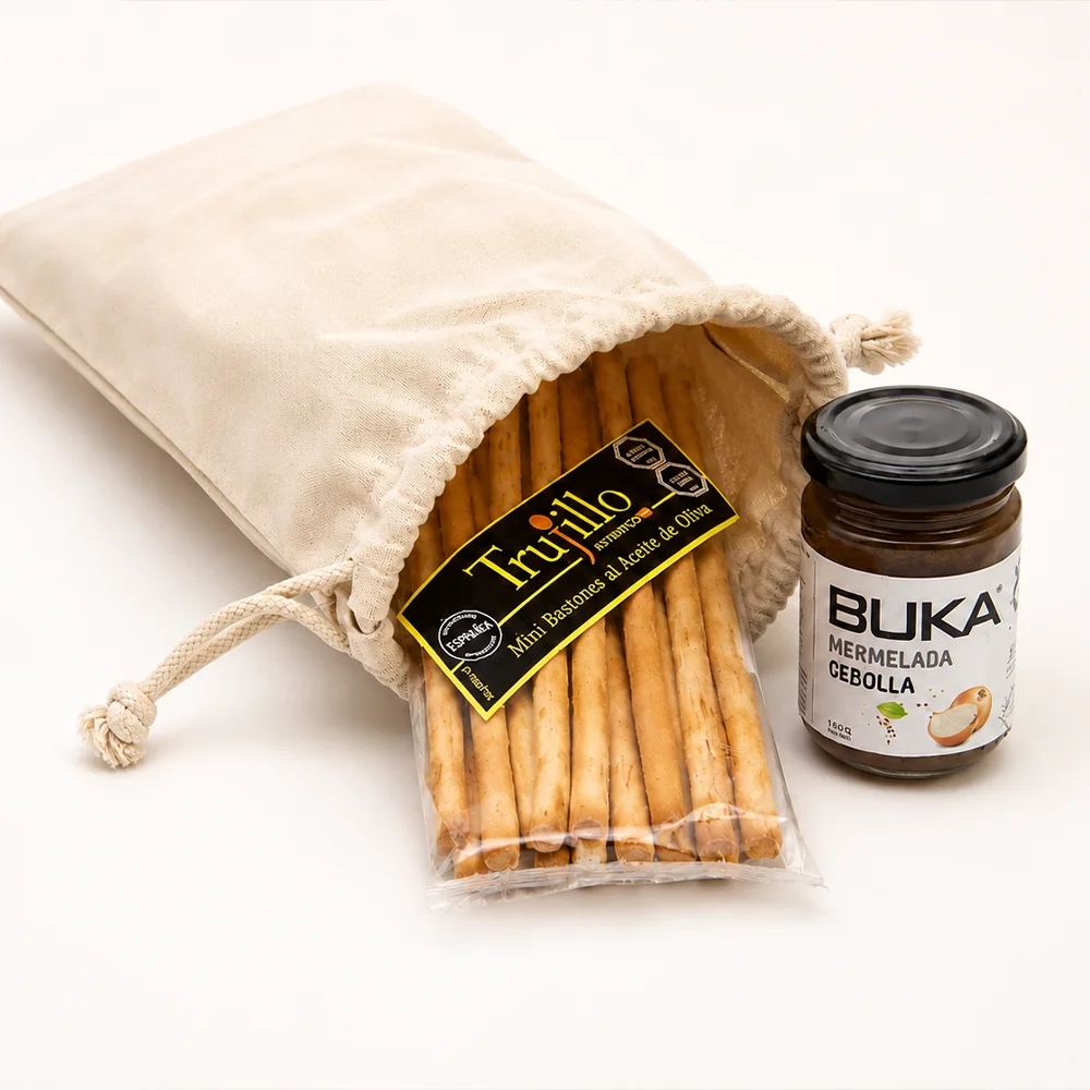 Saquito de regalo corporativo con bastones de aceite de oliva y mermelada de cebolla gourmet.