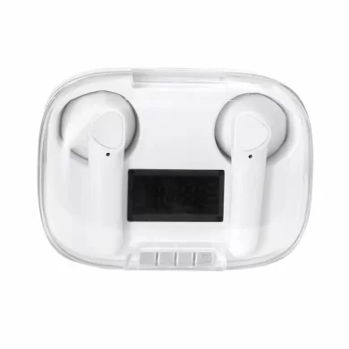 Audífonos inalámbricos TWS modelo Jackson con estuche de carga, tapa transparente y pantalla digital indicadora de batería