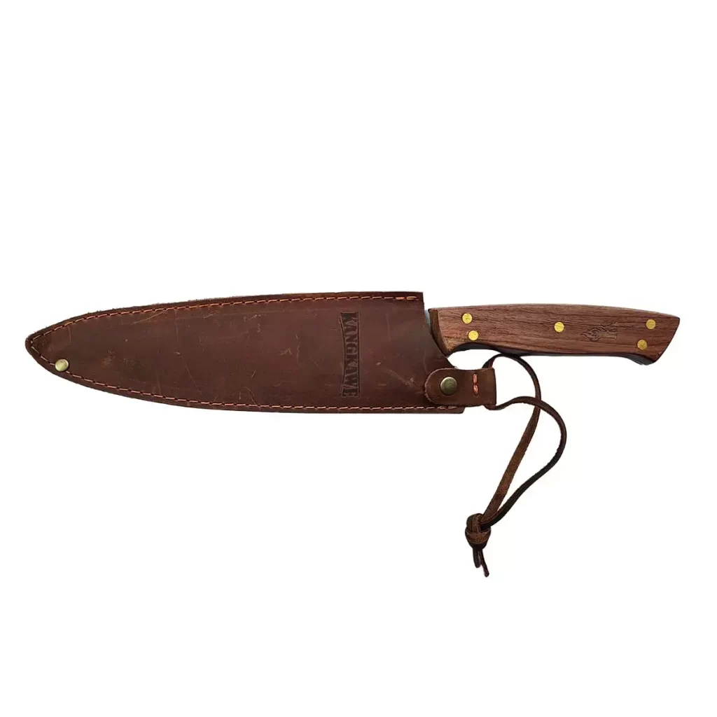 Cuchillo de chef parrillero de 8 pulgadas con hoja de acero afilada y funda protectora de cuero color café
