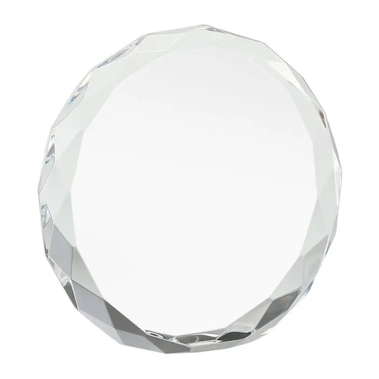 Galvano de cristal circular con bordes facetados tipo diamante presentado en caja de lujo con interior de terciopelo