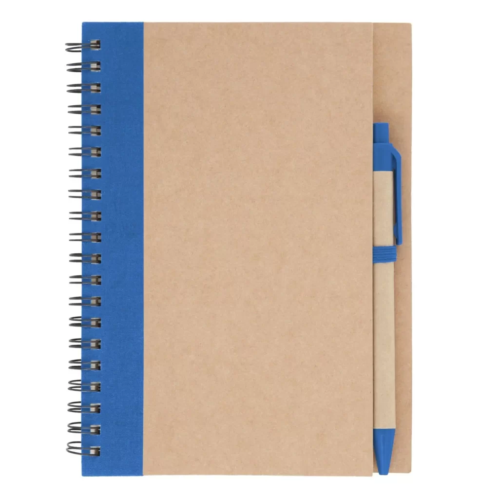 Libreta ecológica de papel reciclado con hojas amarillas lisas tipo croquis y bolígrafo biodegradable incluido