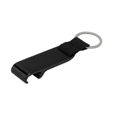 Llavero destapador de aluminio brillante con correa de poliéster negra y anilla metálica