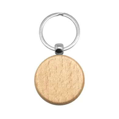 Llavero de madera natural redondo con anilla metálica plana, ideal para personalización ecológica con logo