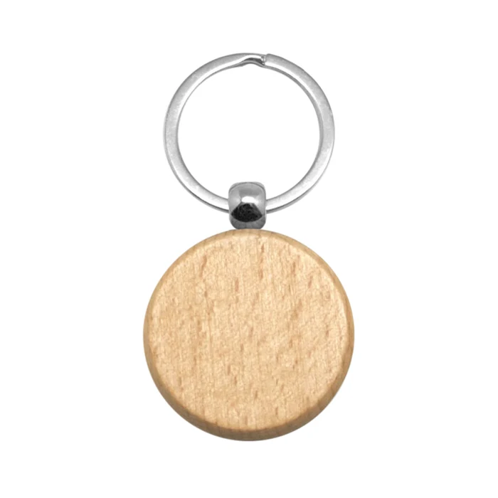 Llavero de madera natural redondo con anilla metálica plana, ideal para personalización ecológica con logo