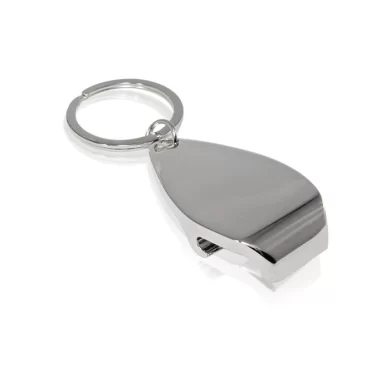 Llavero metálico rectangular plano con función de abrebotellas y anilla robusta presentado en caja de regalo