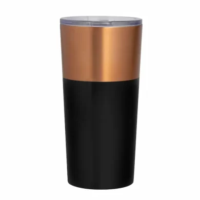 Mug térmico de 600ml en acero inoxidable acabado mate negro y cobre con tapa transparente y caja de regalo kraft