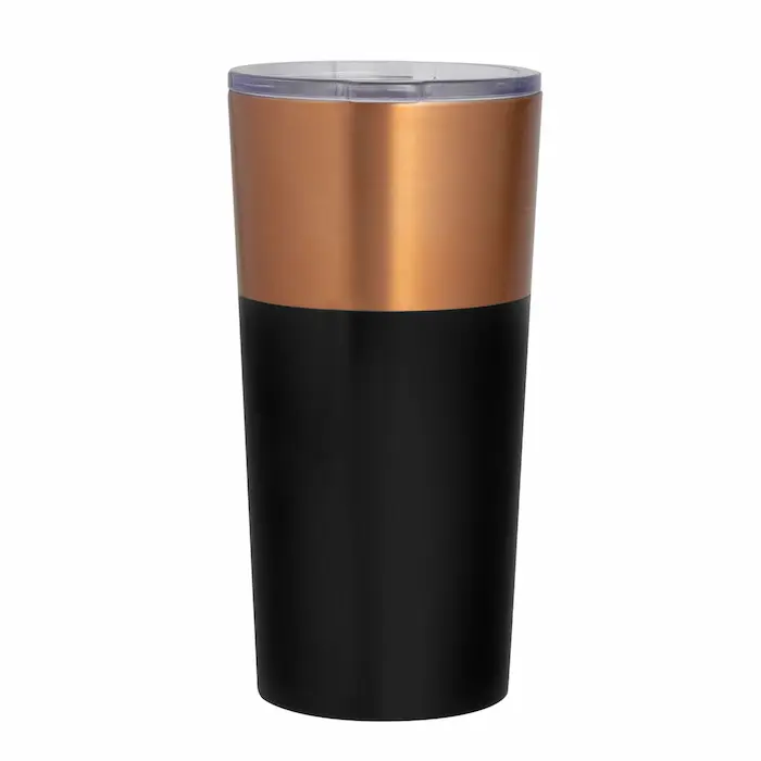 Mug térmico de 600ml en acero inoxidable acabado mate negro y cobre con tapa transparente y caja de regalo kraft