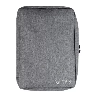 Estuche organizador de cables y accesorios electrónicos de poliéster abierto mostrando compartimentos de red y elásticos