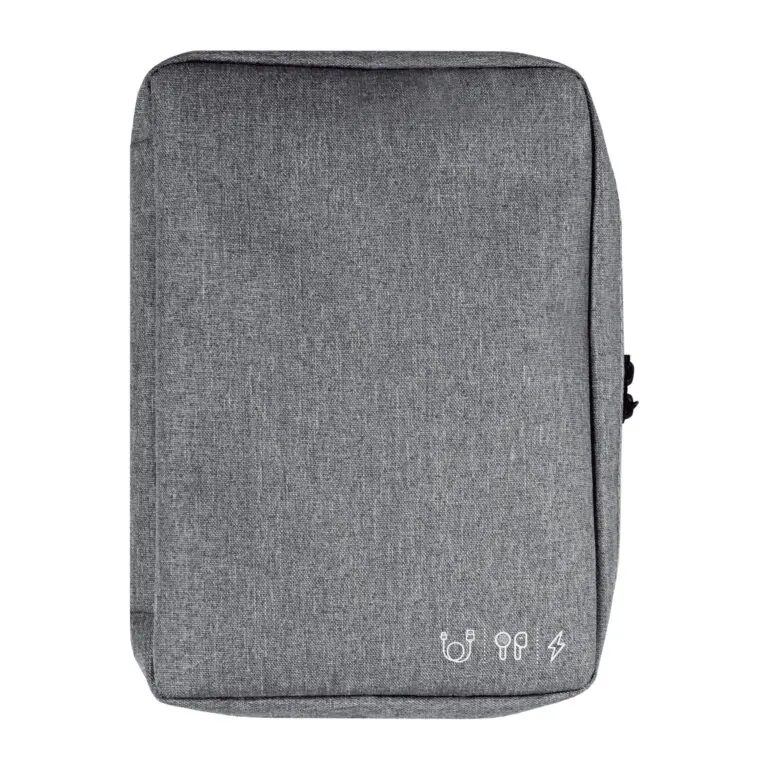 Estuche organizador de cables y accesorios electrónicos de poliéster abierto mostrando compartimentos de red y elásticos