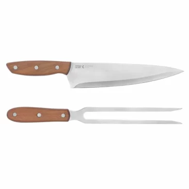 Set de asado con cuchillo y tenedor de acero inoxidable 420 con mangos de madera rústica presentado en caja de regalo