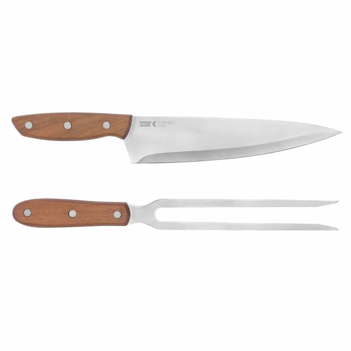 Set de asado con cuchillo y tenedor de acero inoxidable 420 con mangos de madera rústica presentado en caja de regalo