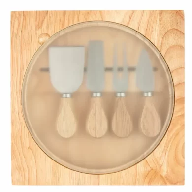 Tabla de picoteo con base de madera y superficie de vidrio templado, incluye 4 cuchillos para queso sostenidos por imán