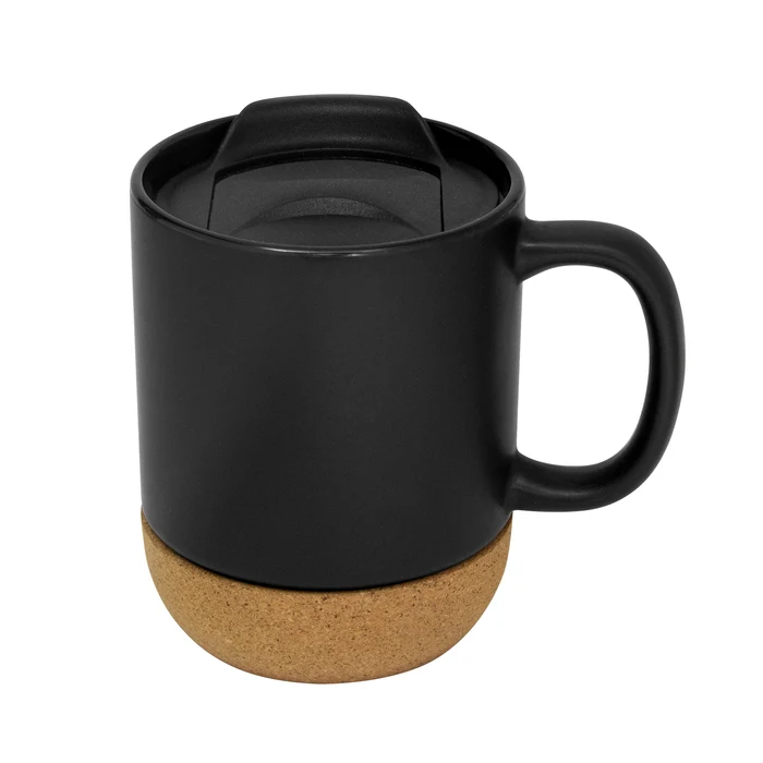 Taza de cerámica gres acabado mate con base de corcho natural y tapa negra a presión
