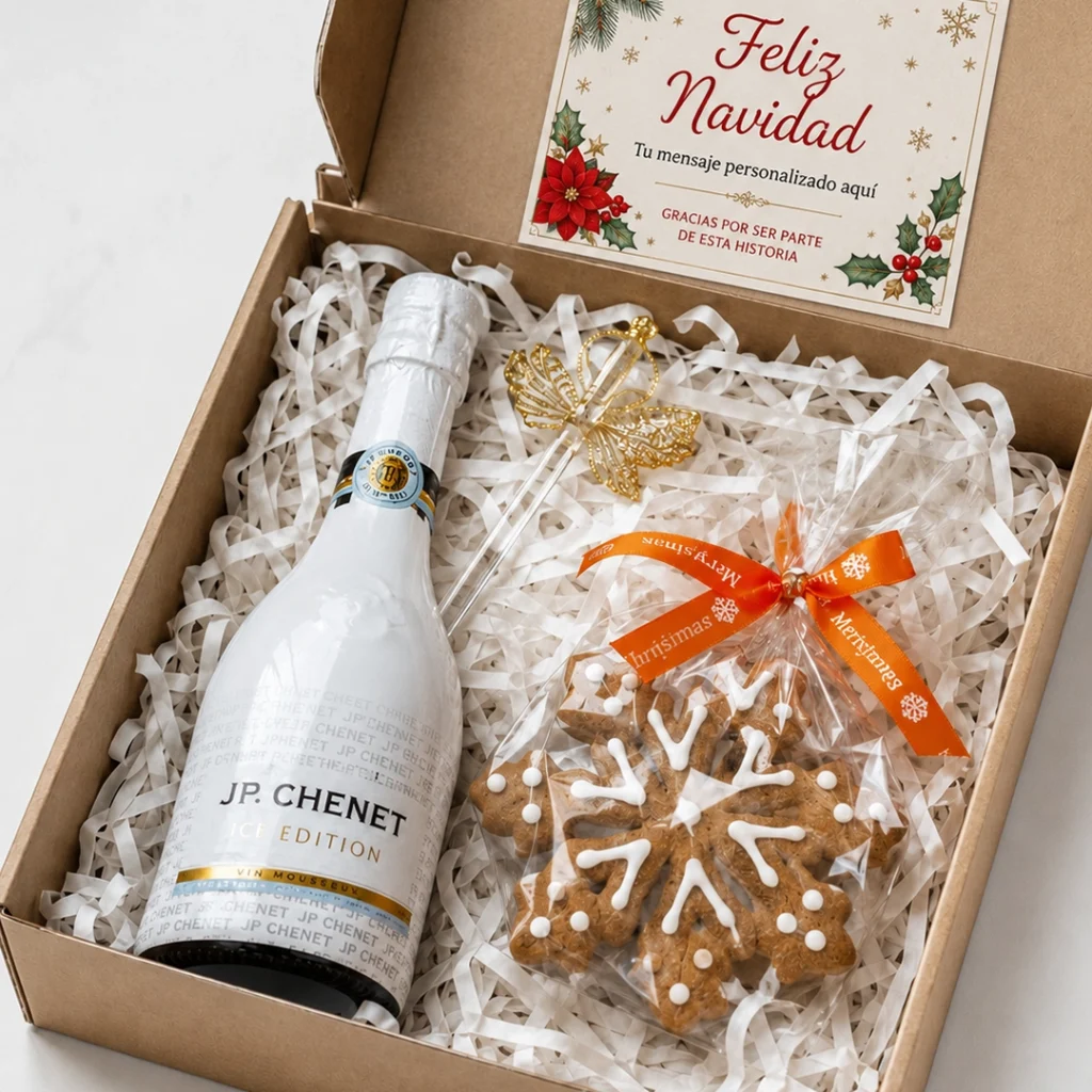 Caja de regalo de Navidad minimalista con botella de espumante JP Chenet Ice Edition y galleta de jengibre decorada para obsequios corporativos