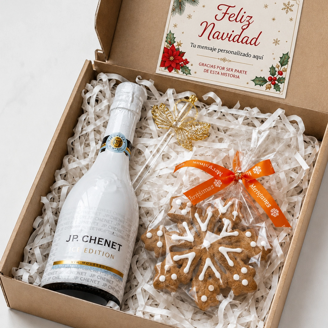 Caja de regalo de Navidad minimalista con botella de espumante JP Chenet Ice Edition y galleta de jengibre decorada para obsequios corporativos