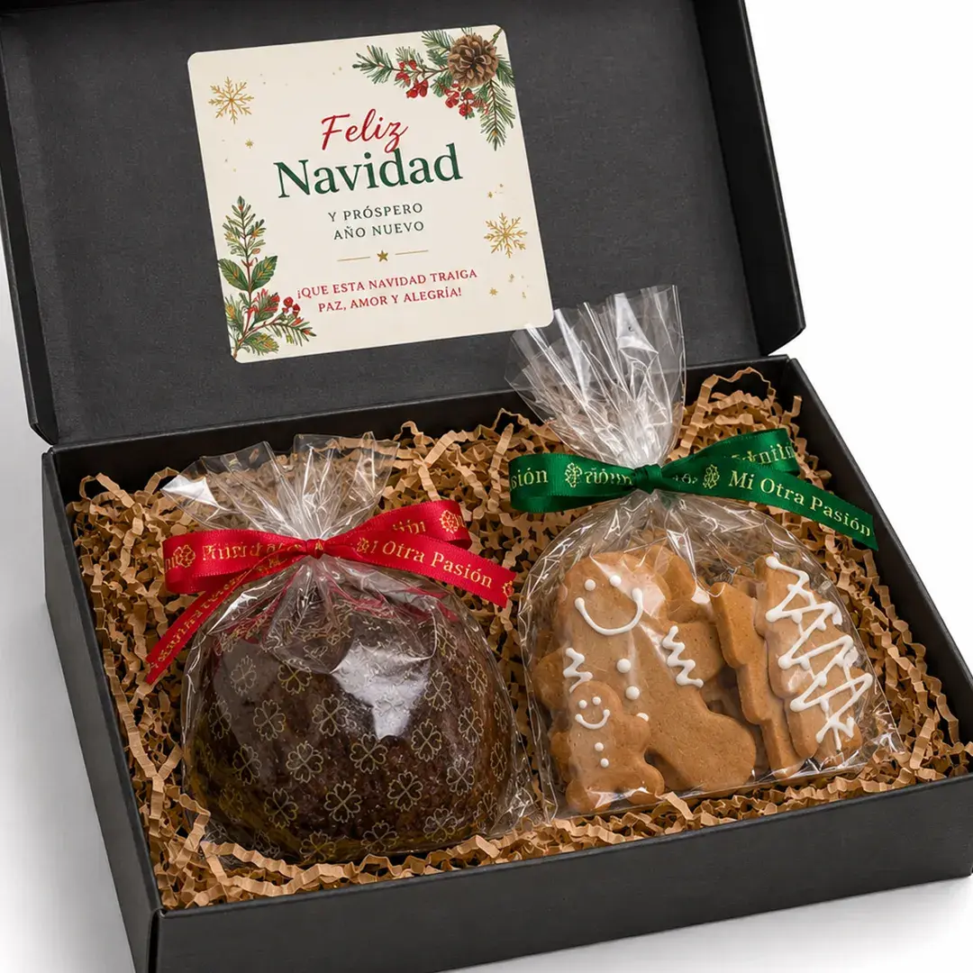 Caja de regalo de Navidad con pan de pascua artesanal, saquito de galletas de jengibre y tarjeta personalizada para obsequios corporativos