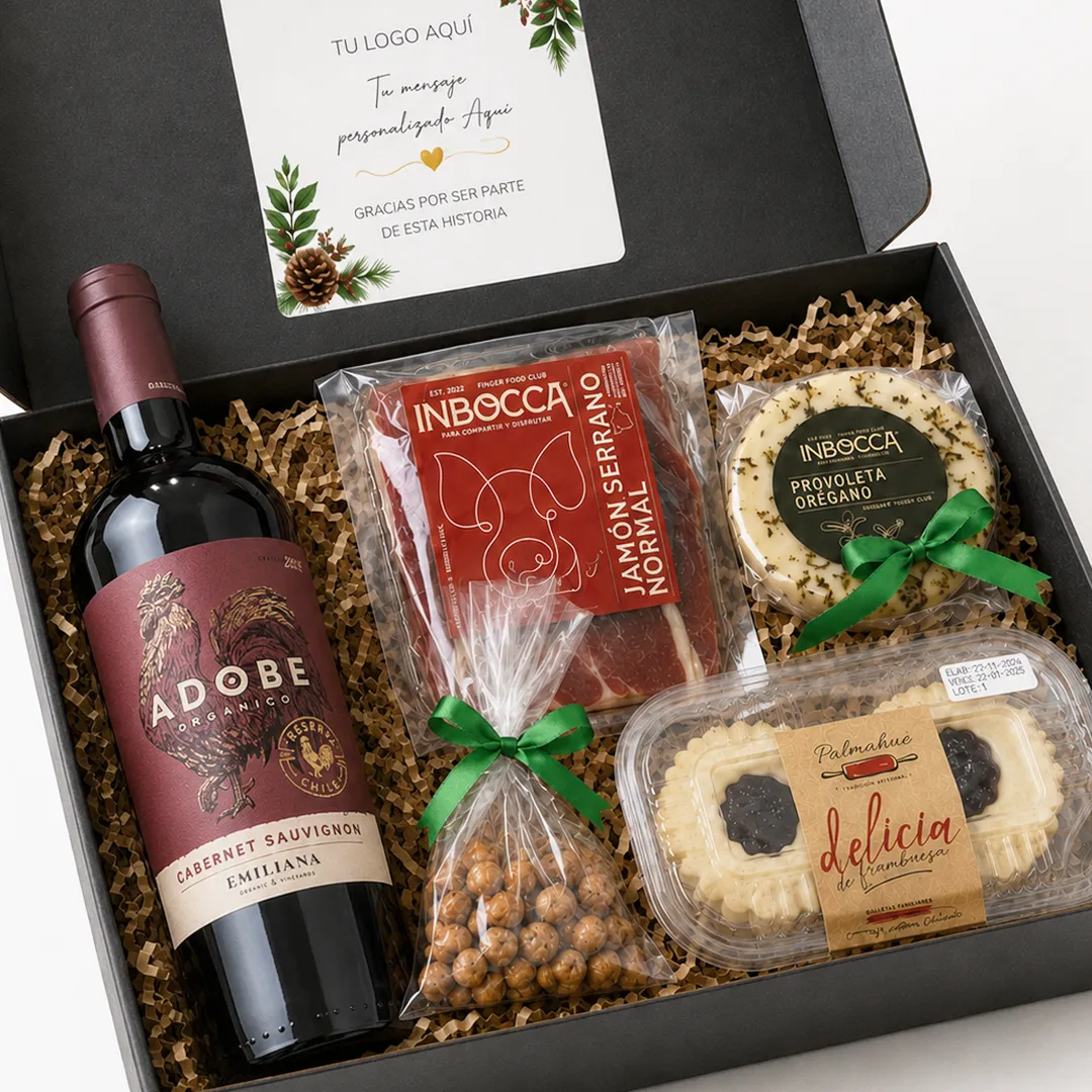 Caja de regalo Tabla Festiva con Vino Tinto Orgánico, Jamón Serrano Inbocca, Provoleta y productos gourmet para obsequios corporativos