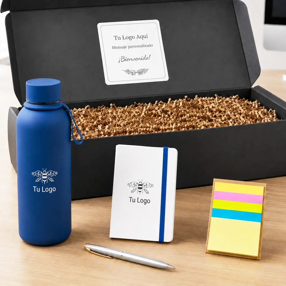 Kit de bienvenida ideas sostenibles corporativo ecológico con logo empresa Chile