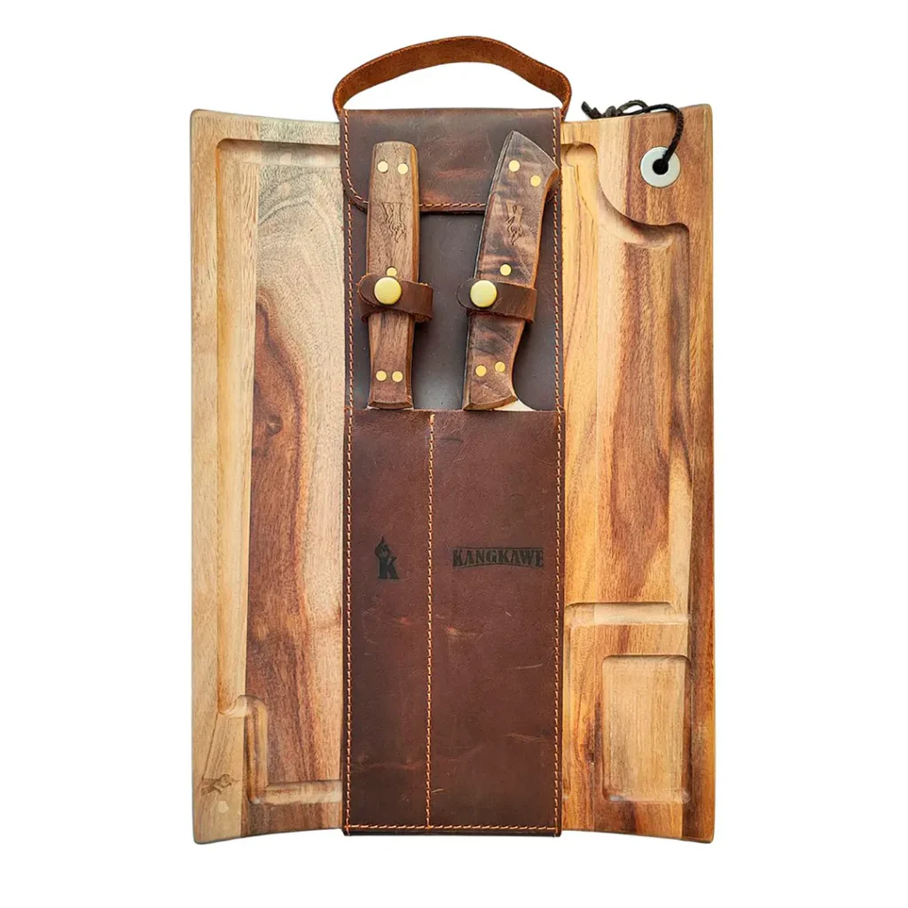 Set Parrillero Tabla Cuchillo y Pincho Cuero Cafe