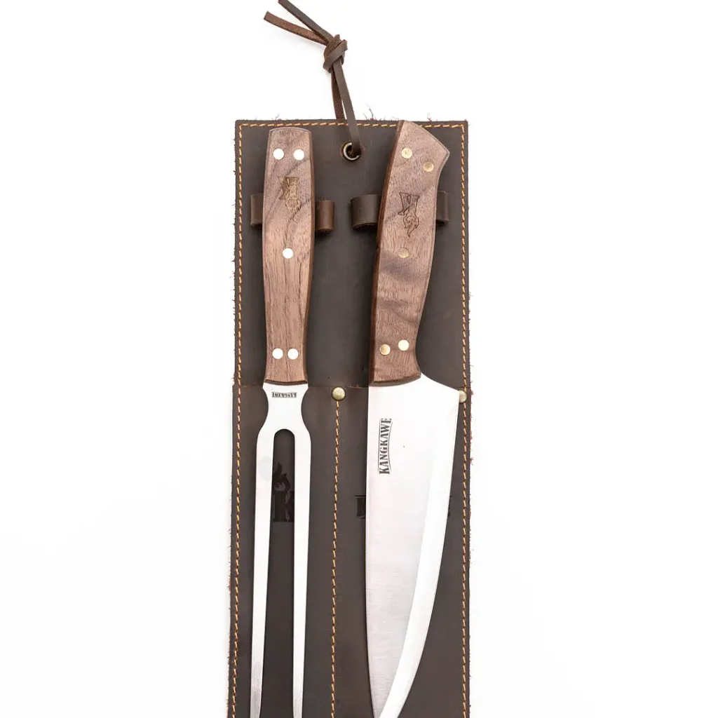 Set Parrillero Tenedor y Cuchillo Funda Cuero Cafe