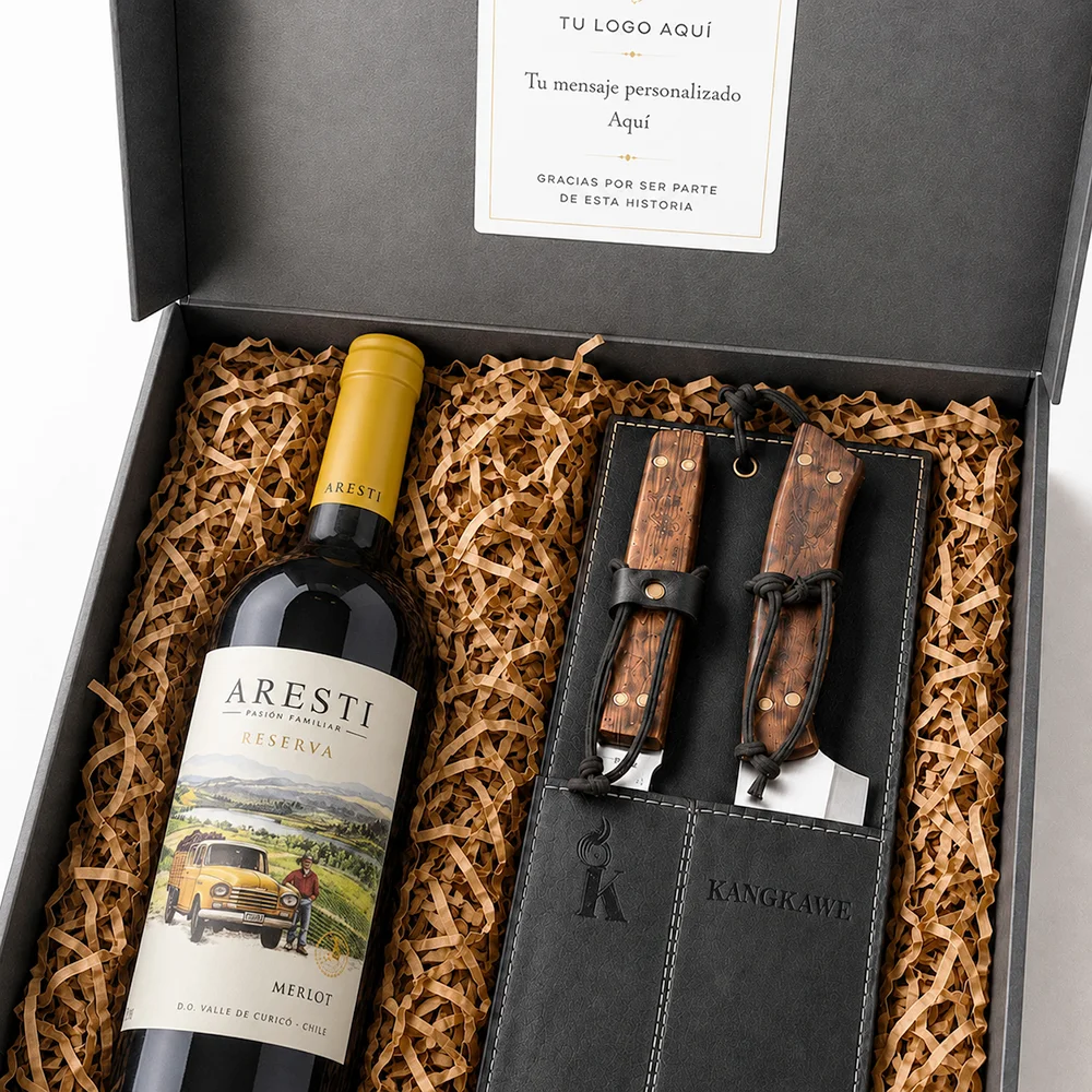 Caja de regalo corporativo Aresti Cabina ’56 Cabernet Sauvignon con set de cuchillo y tenedor en estuche de cuero.