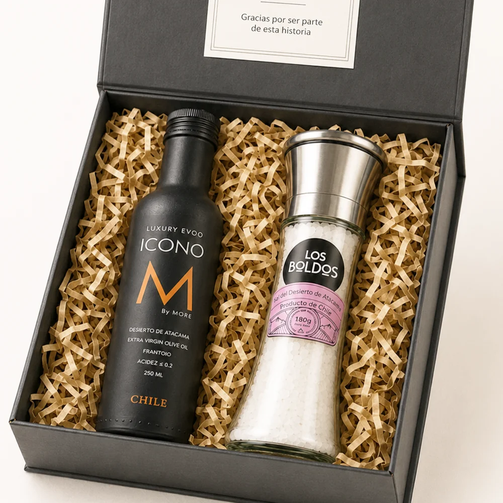 Caja Ícono Gourmet con aceite de oliva extra virgen Ícono y molinillo de sal del Desierto de Atacama Los Boldos.